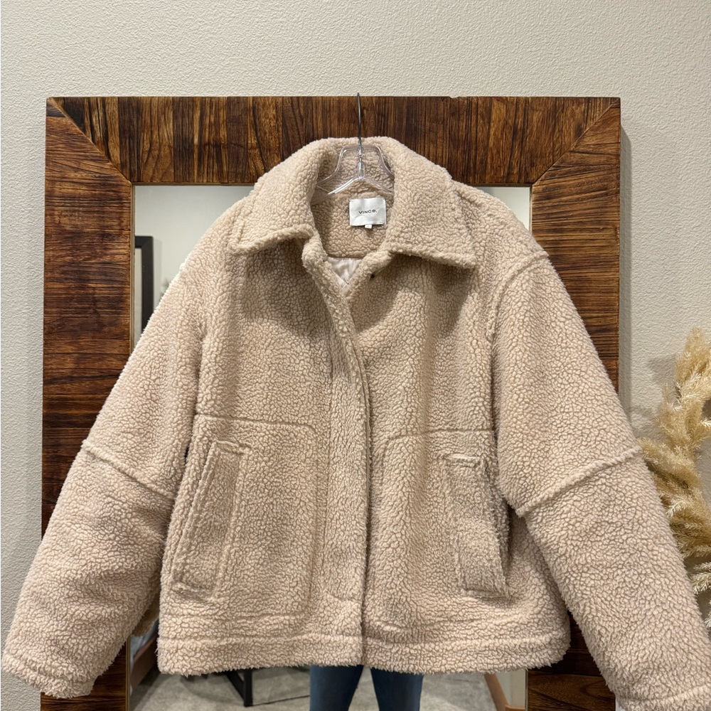 Vince cream tan fleece Sherpa Jacket coat lined heavy large L